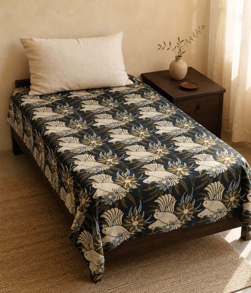 G. Raja Chennimalai Bedsheet Green Bird — Warm-room styling view
