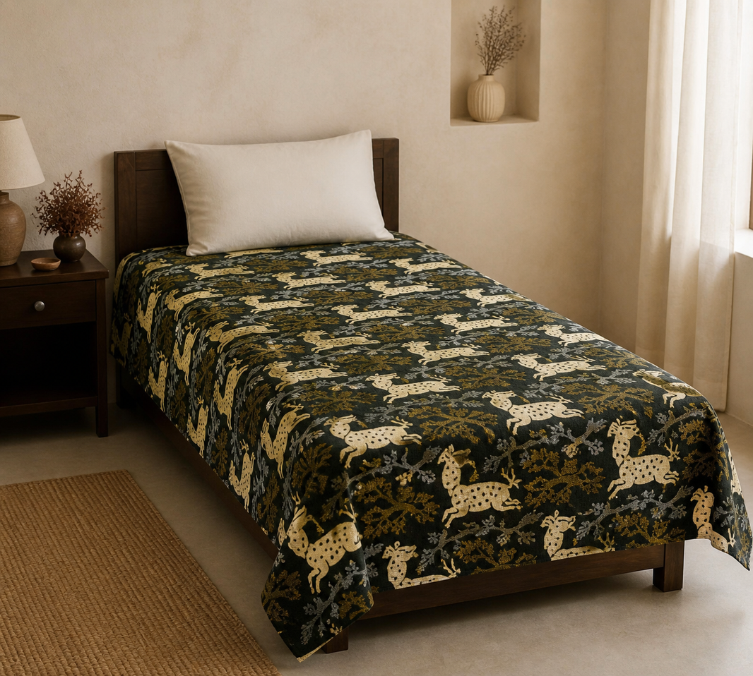 G. Raja Chennimalai Bedsheet Green Deer — Warm-room styling view