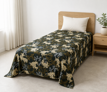 G. Raja Chennimalai Bedsheet Green Deer — Bright-room styling view