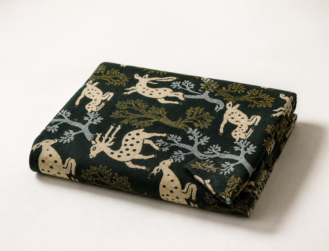 G. Raja Chennimalai Bedsheet Green Deer — Folded catalogue view
