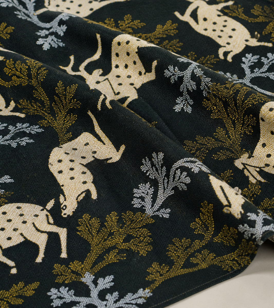G. Raja Chennimalai Bedsheet Green Deer — Fabric and pattern detail view