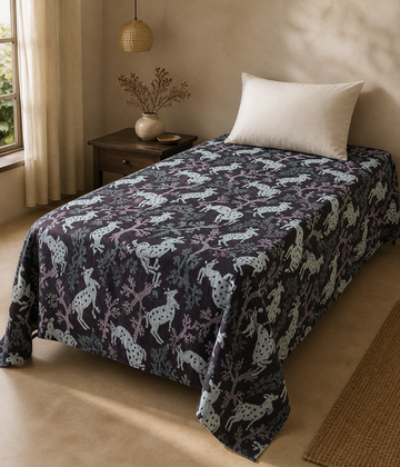 G. Raja Chennimalai Bedsheet Maroon Deer — Warm-room styling view