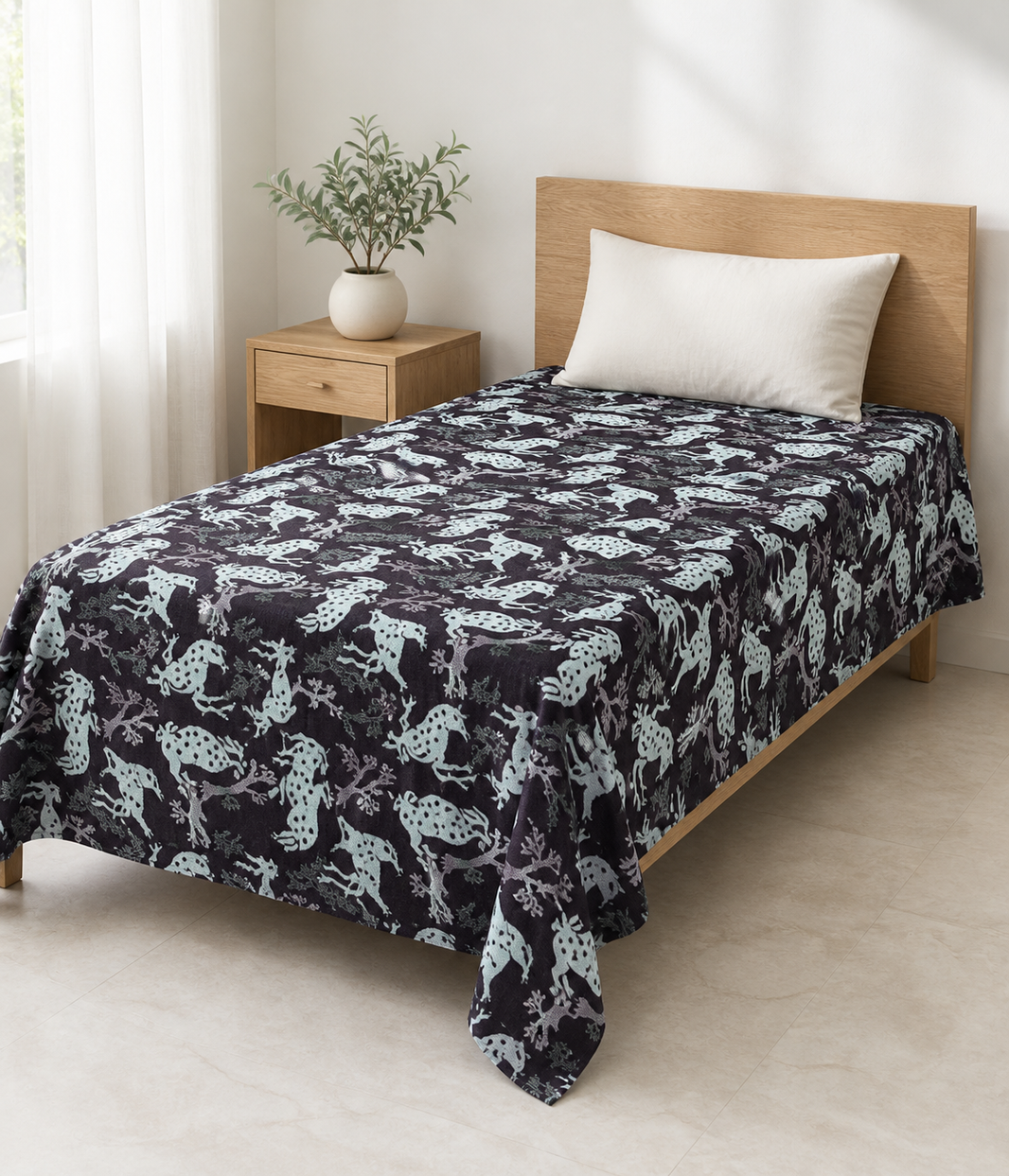 G. Raja Chennimalai Bedsheet Maroon Deer — Bright-room styling view
