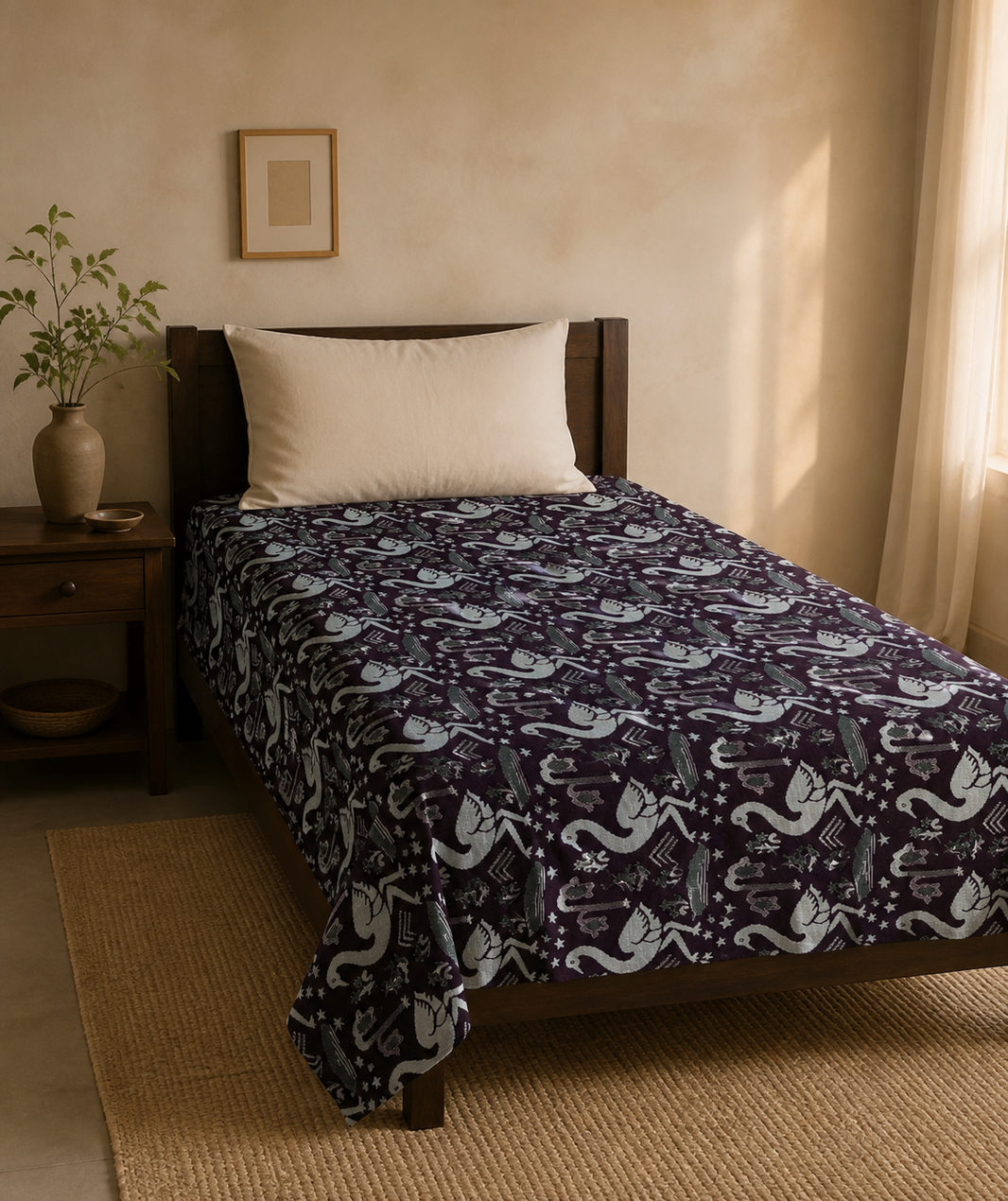 G. Raja Chennimalai Bedsheet Maroon Flamingo — Warm-room styling view