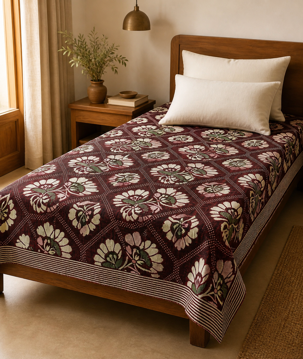 G. Raja Chennimalai Bedsheet Maroon Heritage Bloom — Warm-room styling view