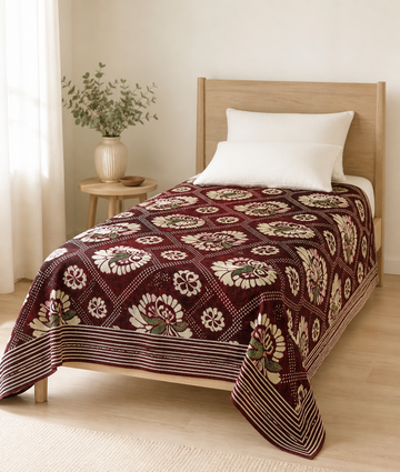 G. Raja Chennimalai Bedsheet Maroon Heritage Bloom — Bright-room styling view