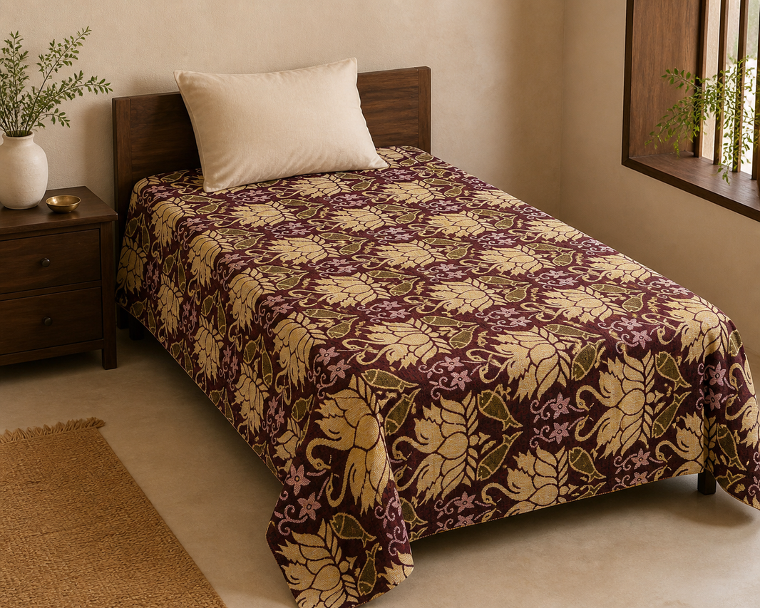 G. Raja Chennimalai Bedsheet Maroon swan — Warm-room styling view
