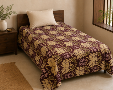 G. Raja Chennimalai Bedsheet Maroon swan — Warm-room styling view