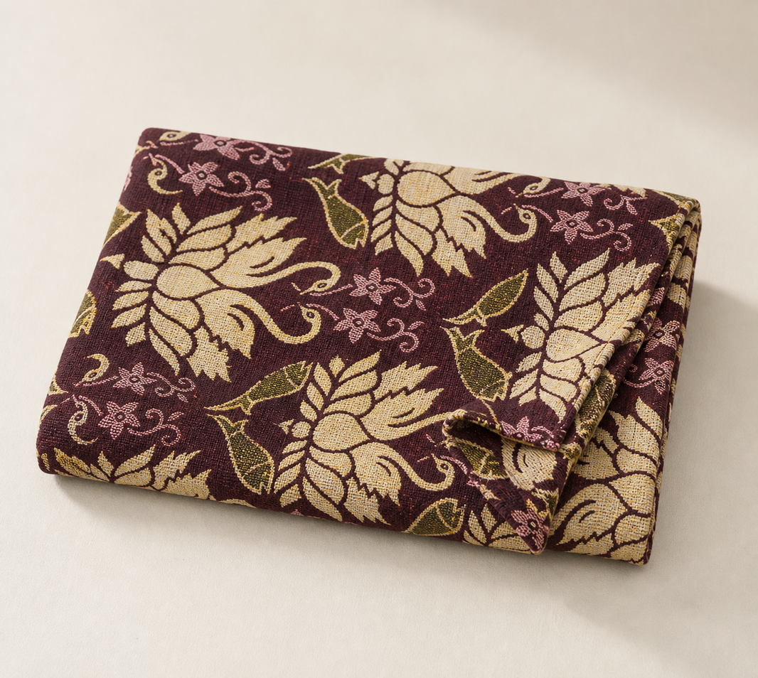 G. Raja Chennimalai Bedsheet Maroon swan — Folded catalogue view