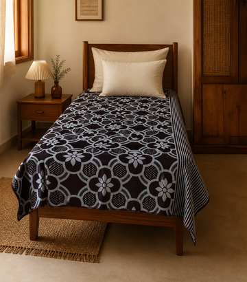 G. Raja Chennimalai Bedsheet Moonlight Floral — Warm-room styling view