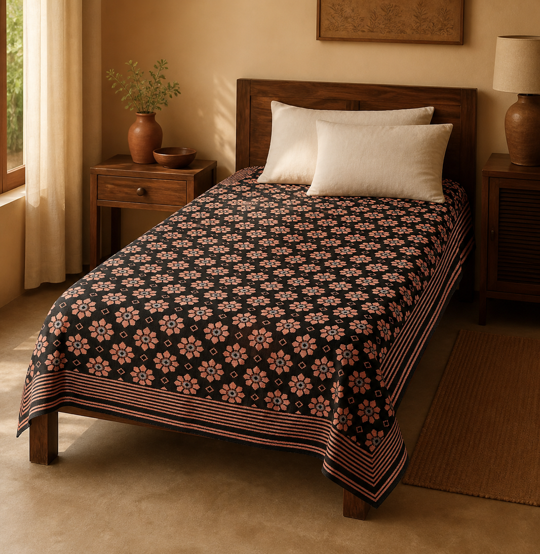 G. Raja Chennimalai Bedsheet Peach Petals — Warm-room styling view