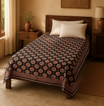G. Raja Chennimalai Bedsheet Peach Petals — Warm-room styling view