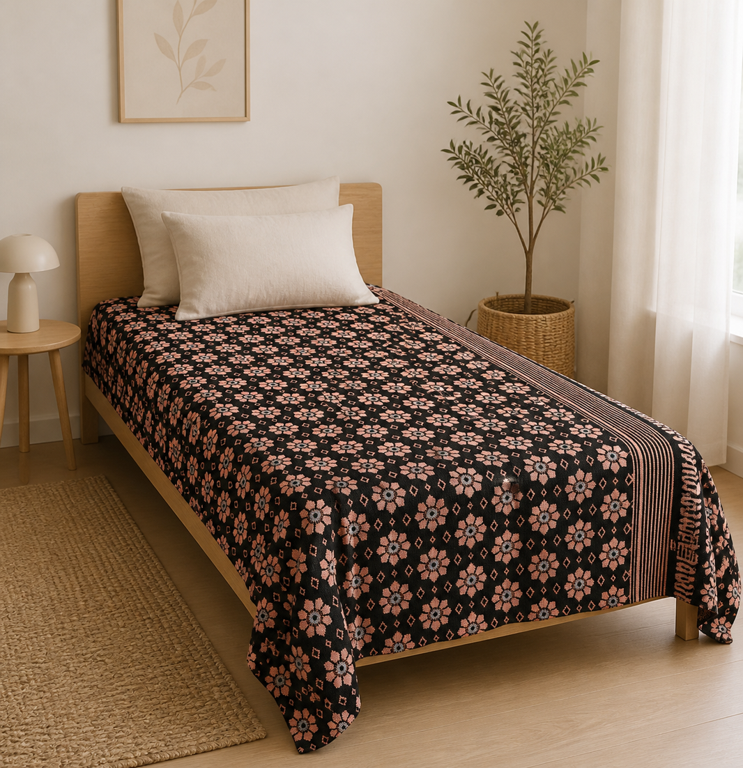 G. Raja Chennimalai Bedsheet Peach Petals — Bright-room styling view
