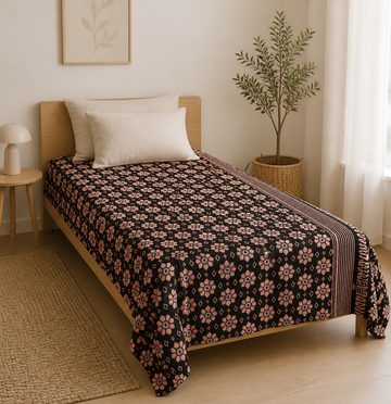 G. Raja Chennimalai Bedsheet Peach Petals — Bright-room styling view