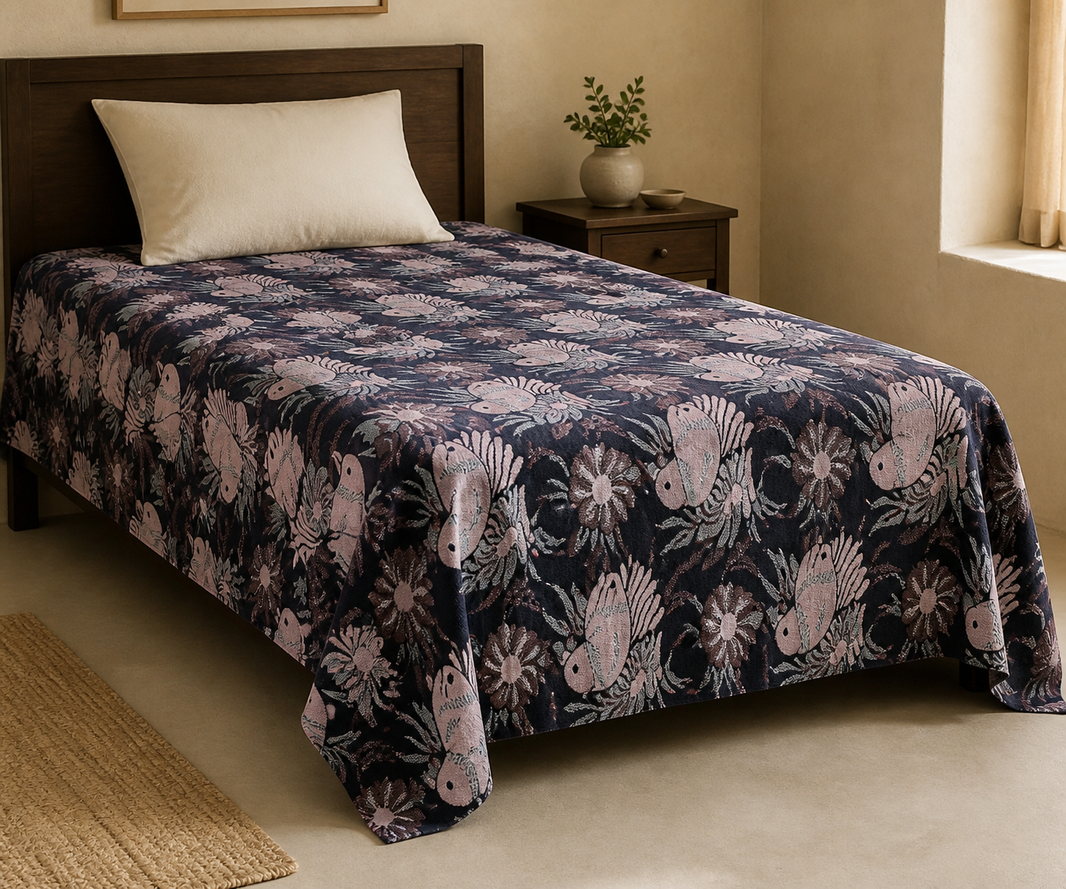 G. Raja Chennimalai Bedsheet Pink Bird — Warm-room styling view