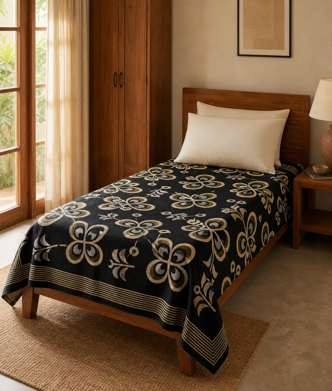G. Raja Chennimalai Bedsheet Traditional Bloom — Warm-room styling view