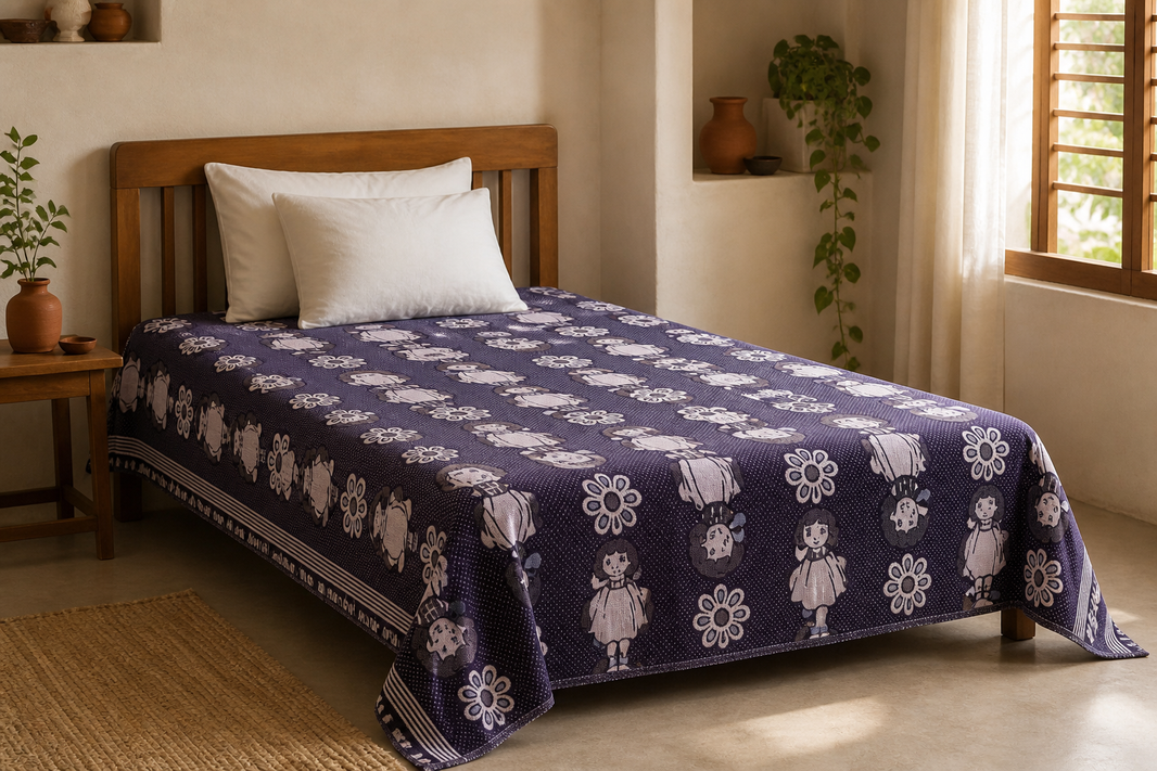 G. Raja Chennimalai Bedsheet Violet Dora — Warm-room styling view