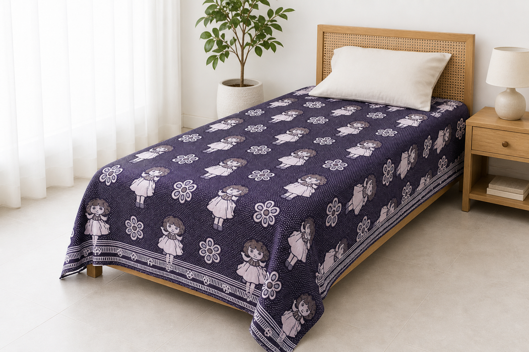G. Raja Chennimalai Bedsheet Violet Dora — Bright-room styling view