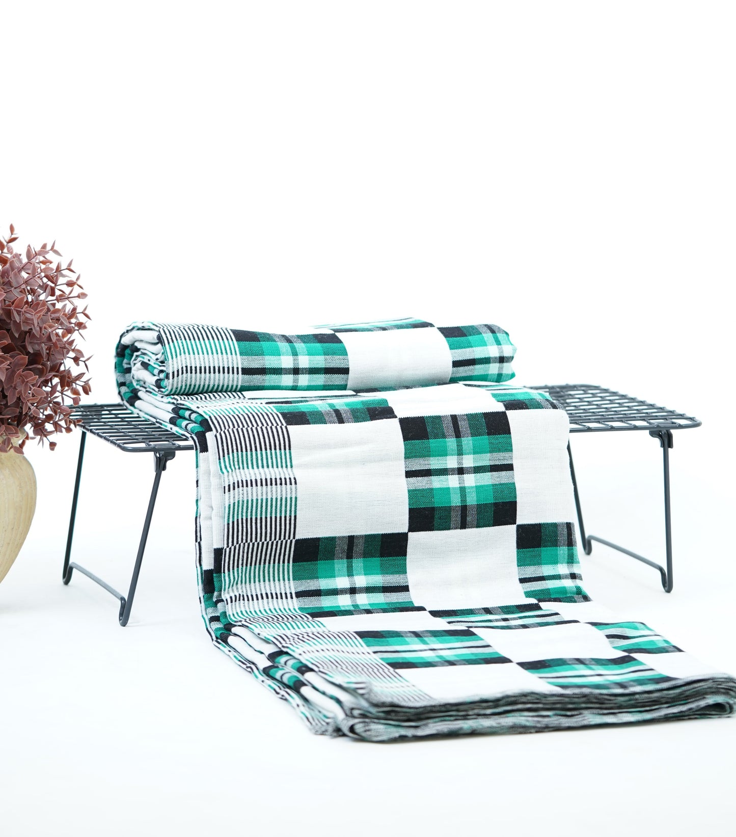 Premium Handloom Candy Check Double Cot Chennimalai Bedsheet - Green