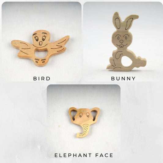 Wooden Bird, Elephant Face and Bunny Teethers