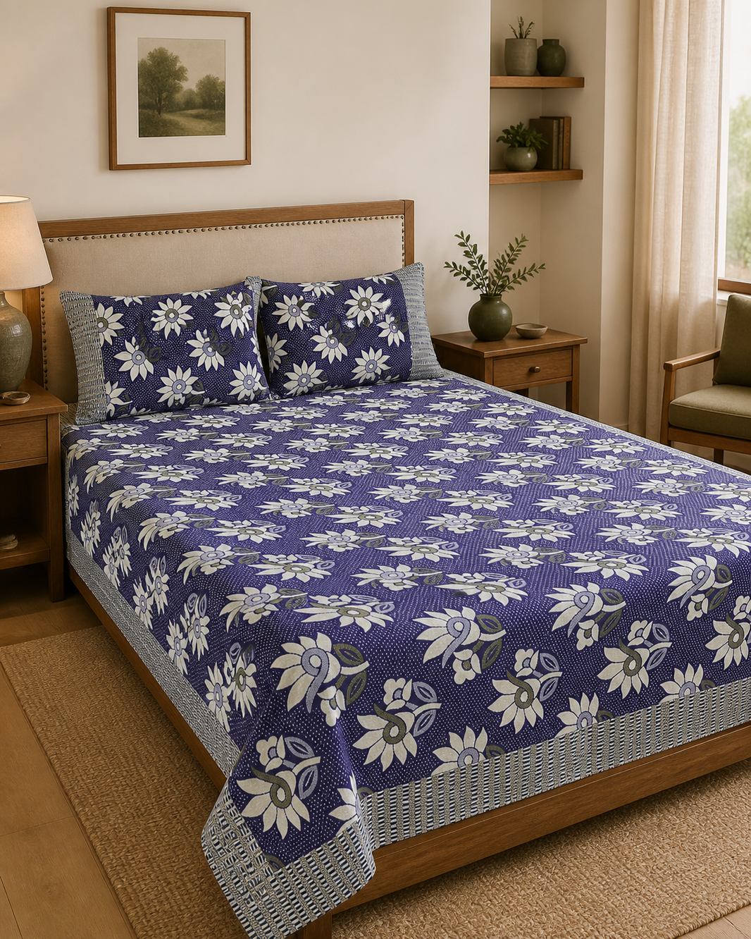 Jacquard Double Cot Bedsheet - Floral wine — Warm-room styling view