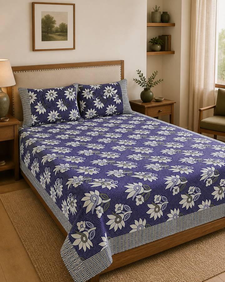 Jacquard Double Cot Bedsheet - Floral wine — Warm-room styling view