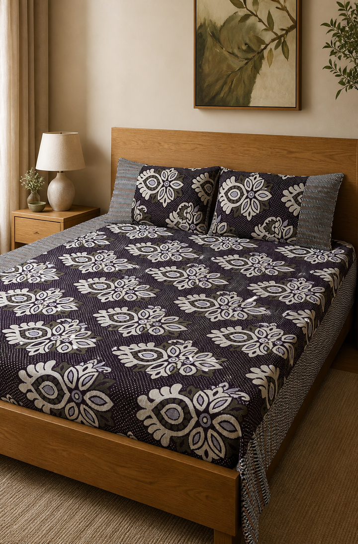 Jacquard Double Cot Bedsheet - Heritage Bloom — Warm-room styling view
