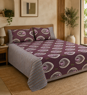 Jacquard Double Cot Bedsheet - Maroon feather — Warm-room styling view