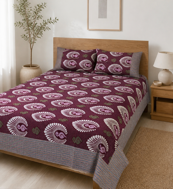 Jacquard Double Cot Bedsheet - Maroon feather — Bright-room styling view