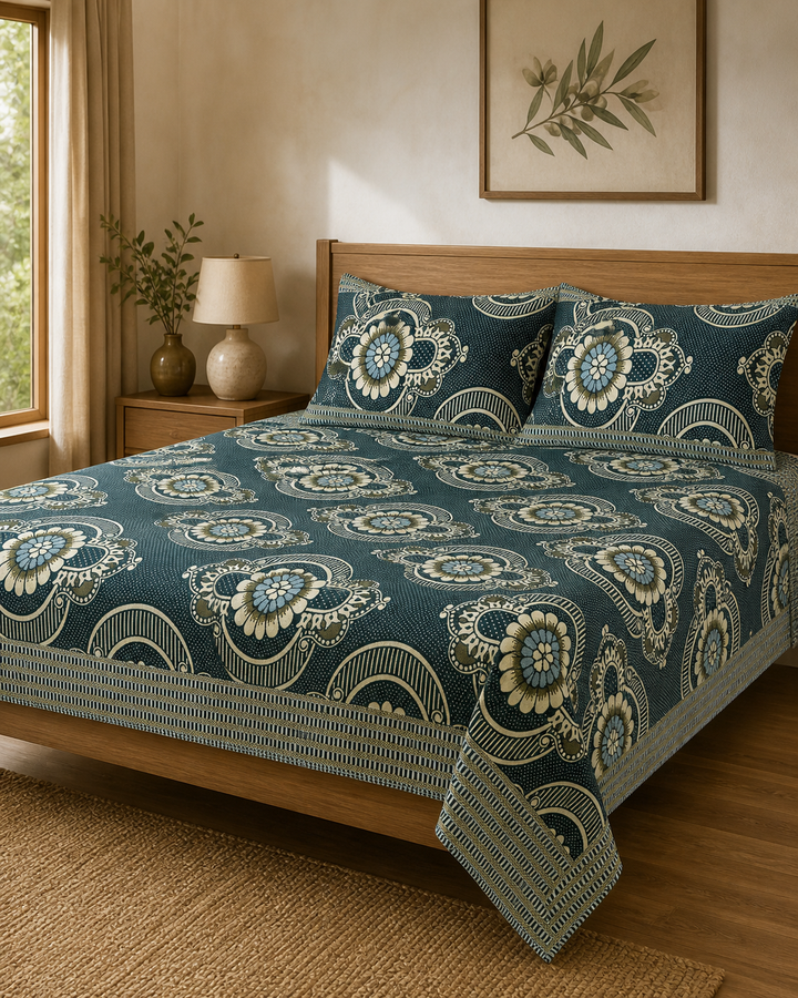 Jacquard Double Cot Bedsheet - Olive floral — Warm-room styling view