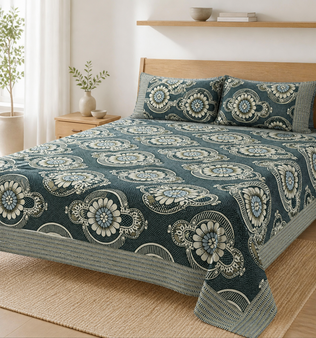 Jacquard Double Cot Bedsheet - Olive floral — Bright-room styling view