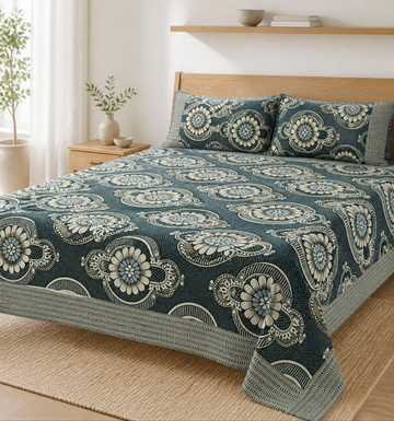 Jacquard Double Cot Bedsheet - Olive floral — Bright-room styling view