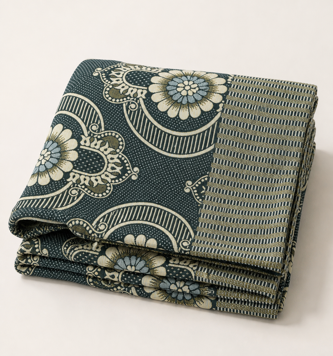 Jacquard Double Cot Bedsheet - Olive floral — Folded catalogue view