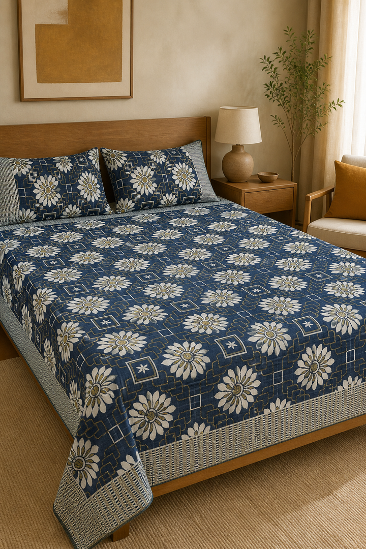 Jacquard Double Cot Bedsheet - Royal Indigo Bloom — Warm-room styling view