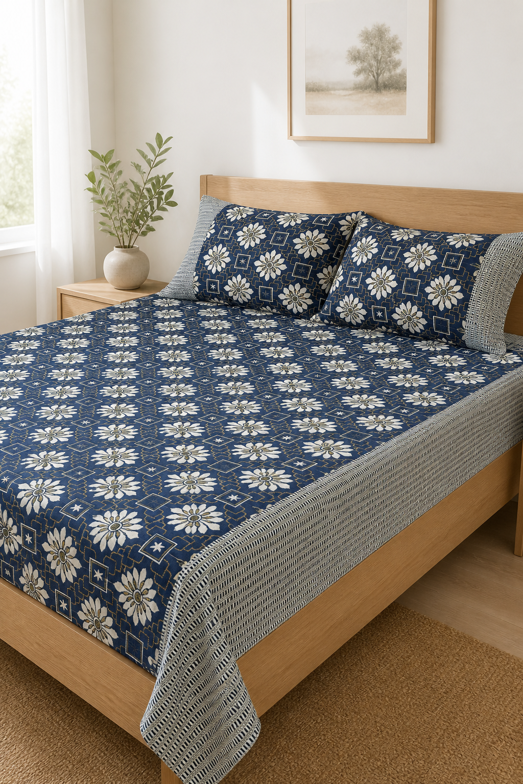 Jacquard Double Cot Bedsheet - Royal Indigo Bloom — Bright-room styling view