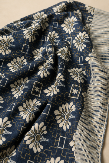 Jacquard Double Cot Bedsheet - Royal Indigo Bloom — Fabric and pattern detail view