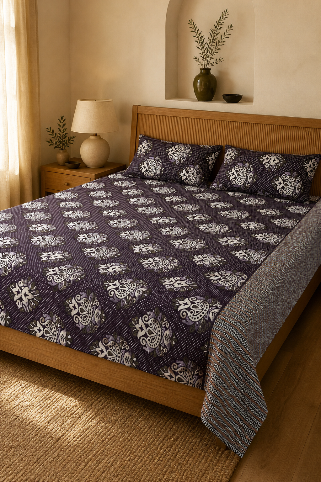Jacquard Double Cot Bedsheet - Temple art Maroon — Warm-room styling view