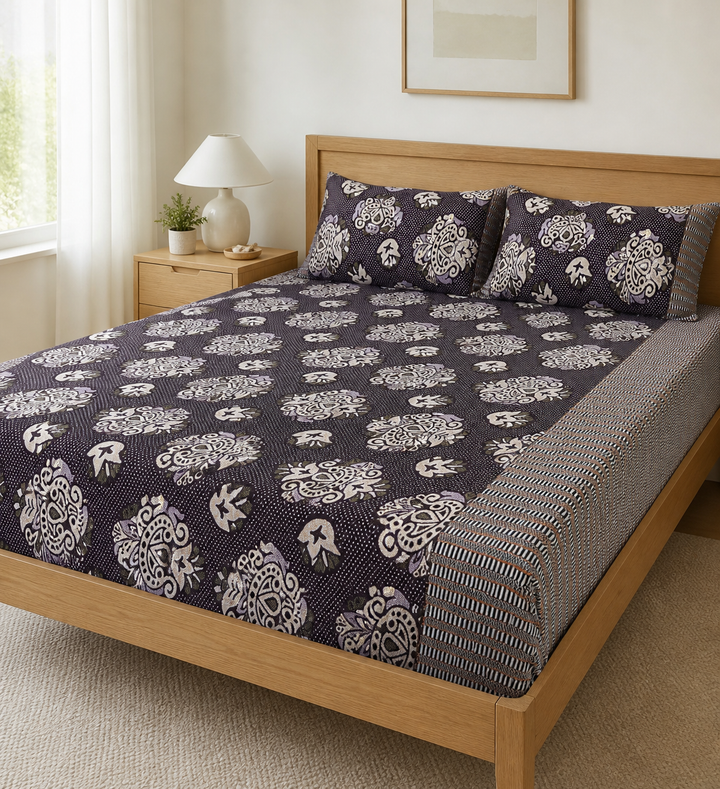 Jacquard Double Cot Bedsheet - Temple art Maroon — Bright-room styling view