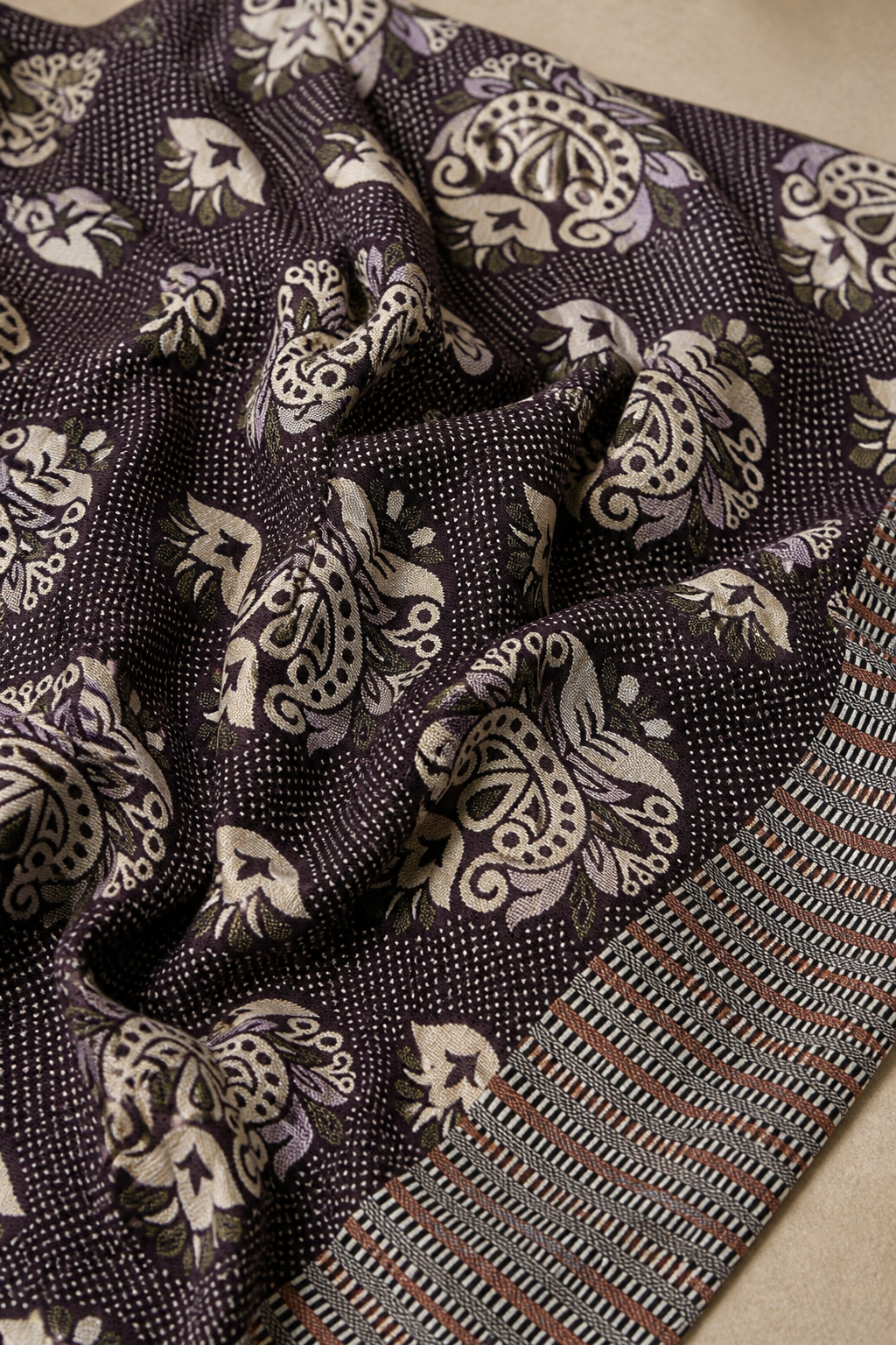 Jacquard Double Cot Bedsheet - Temple art Maroon — Fabric and pattern detail view