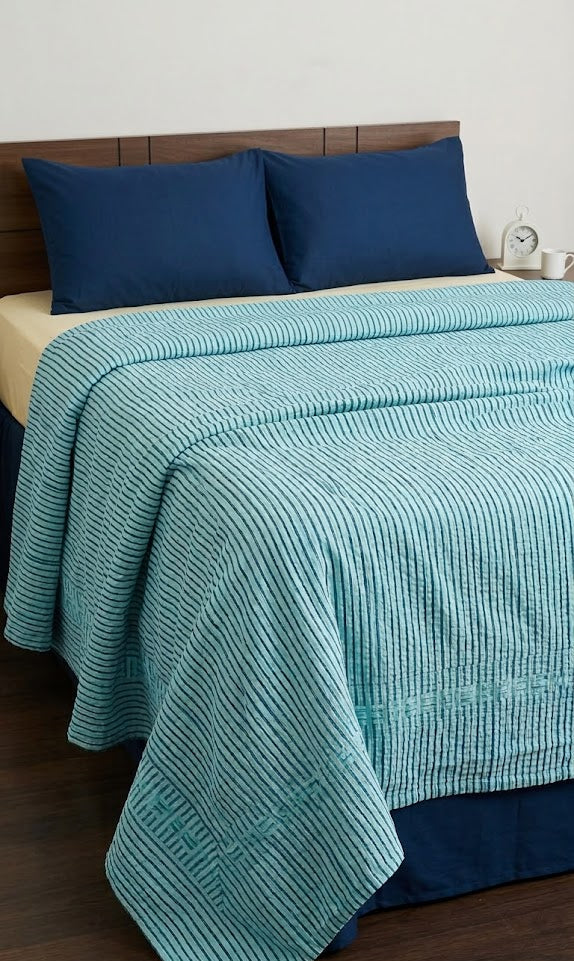 Premium handloom stripe emboss Chennimalai Double Cot Bedspread -  Sky Blue