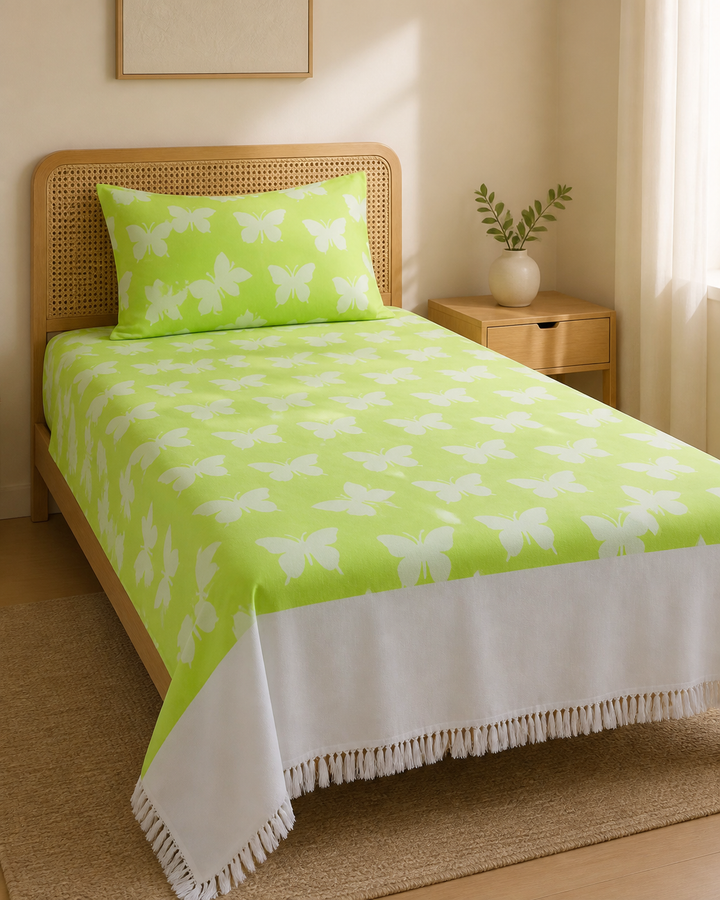 Butterfly Print Lovely Chennimalai Bedsheet - Green — Warm-room styling view