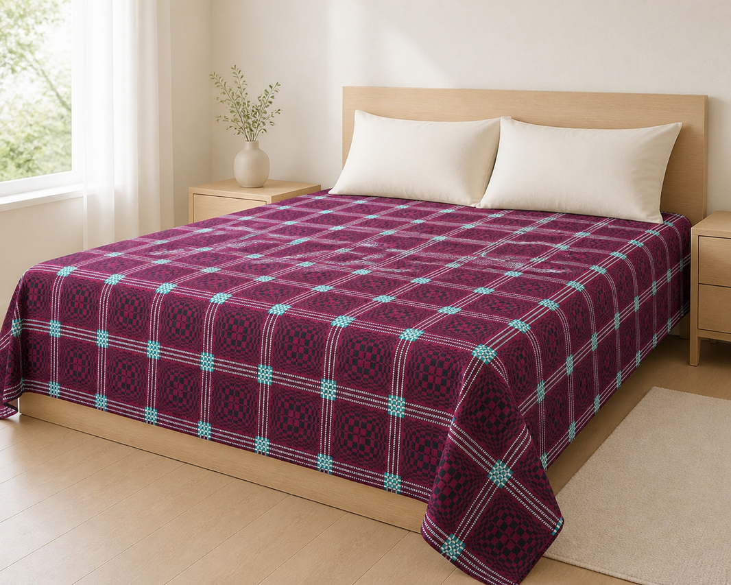 Maroon Nadhiya Chennimalai Bedsheet — Bright-room styling view
