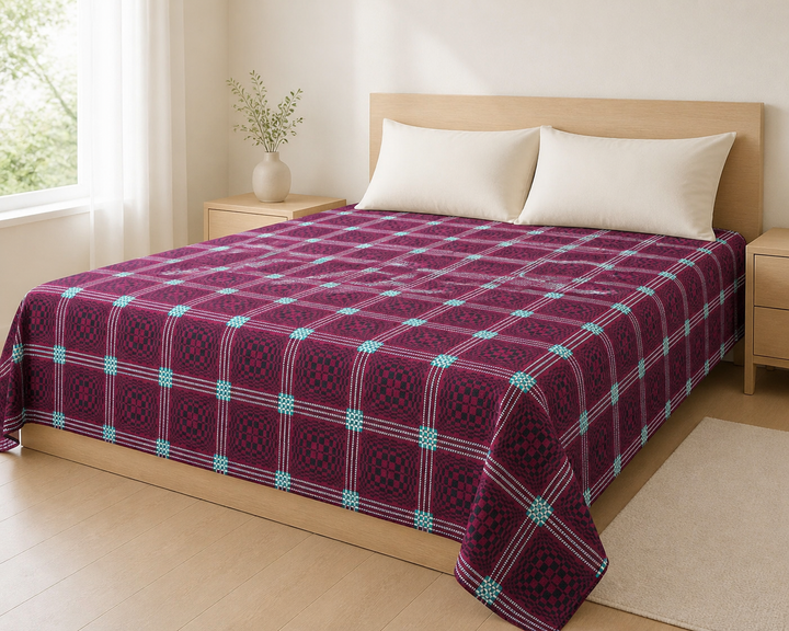 Maroon Nadhiya Chennimalai Bedsheet — Bright-room styling view