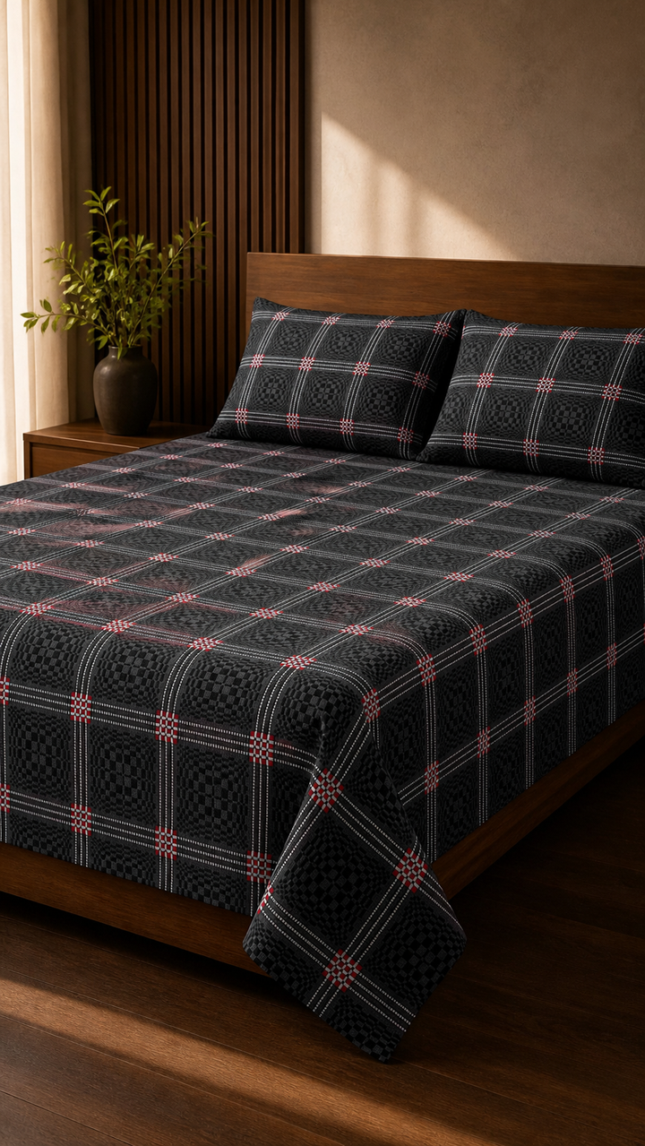 Grey Nadhiya Chennimalai Bedsheet — Warm-room styling view