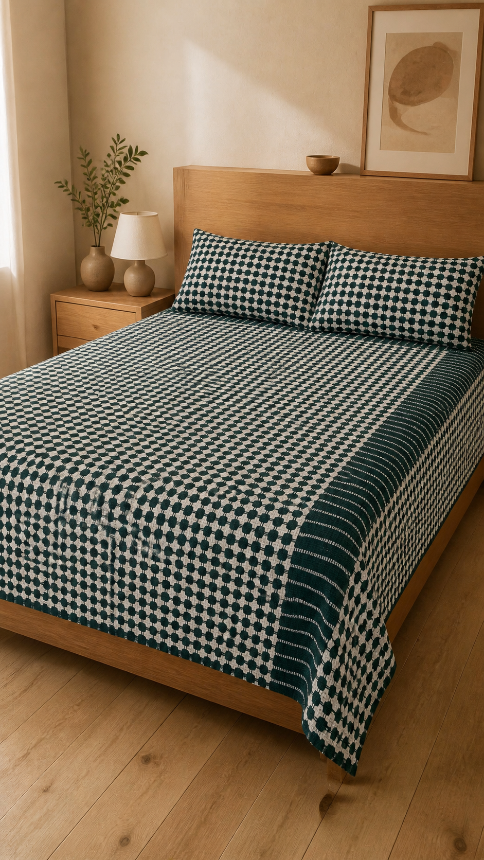 Nayapaisa Chennimalai Bedsheet - Green — Warm-room styling view