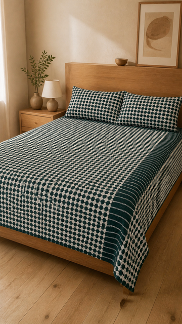 Nayapaisa Chennimalai Bedsheet - Green — Warm-room styling view
