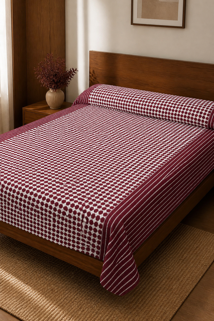 Nayapaisa Chennimalai Bedsheet - Maroon — Warm-room styling view