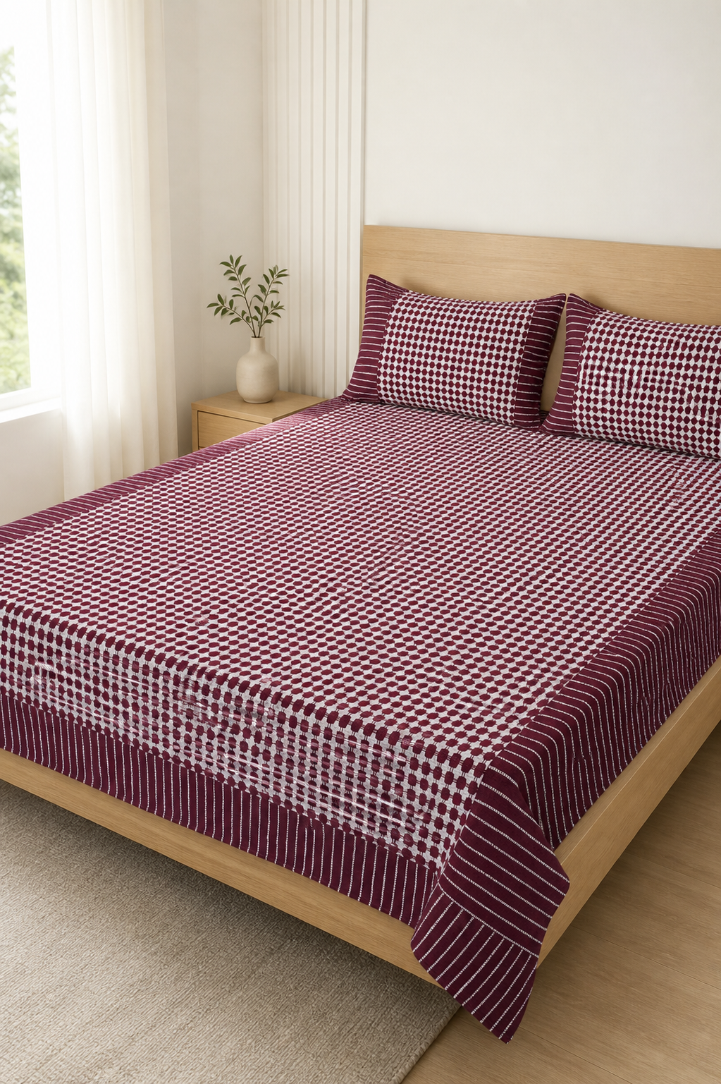 Nayapaisa Chennimalai Bedsheet - Maroon — Bright-room styling view