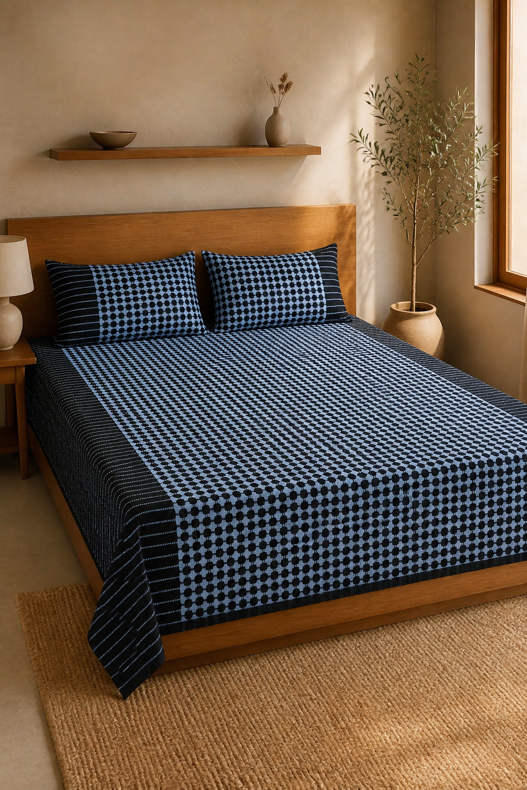 Nayapaisa Chennimalai Bedsheet -Navy Blue — Warm-room styling view