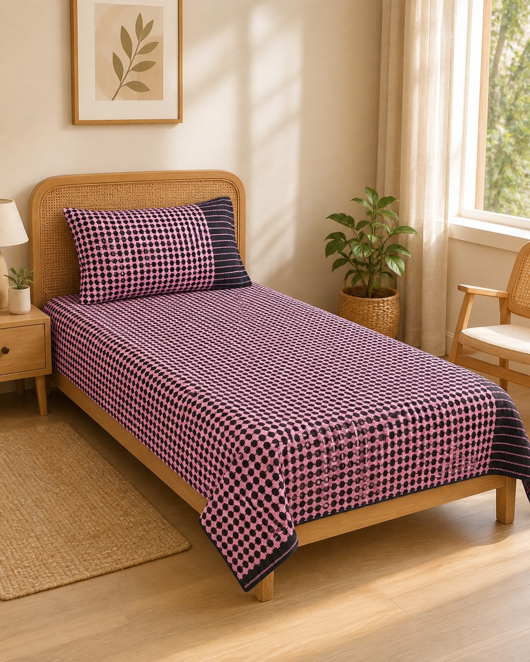 Nayapaisa Chennimalai Bedsheet - Rose — Warm-room styling view